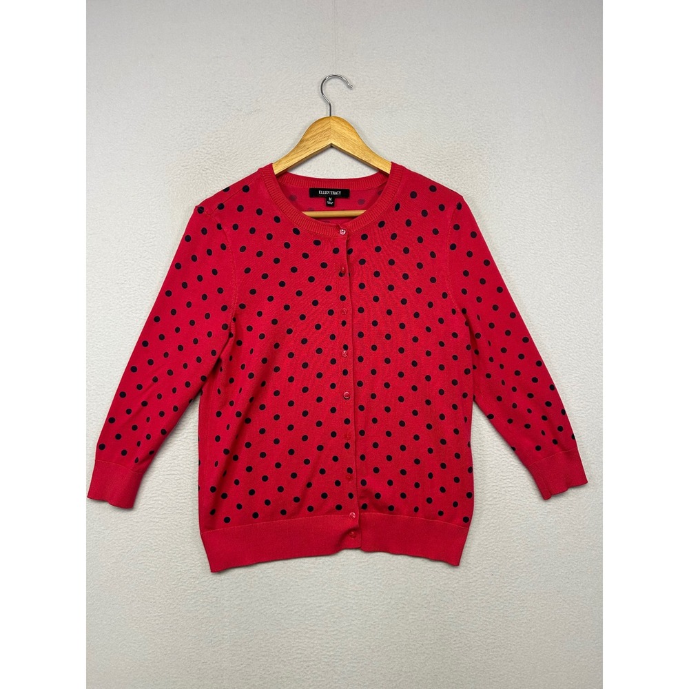 Ellen Tracy Polka Dot Retro Womens Medium Red Black Button Cardigan Sweater